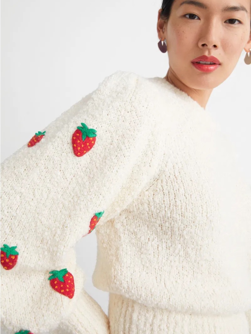 & Other Stories Cream Sweater with Red Strawberry Embroidery